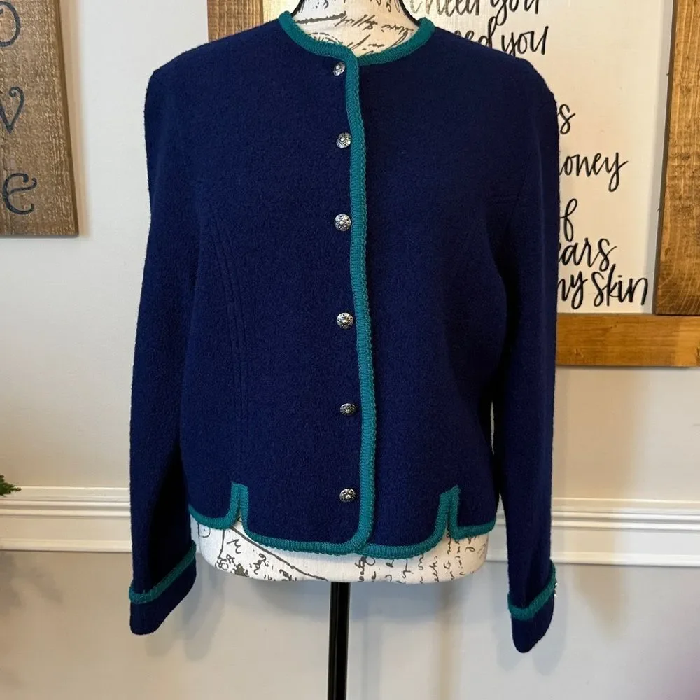 Vintage Tally-Ho 100% Wool Cardigan Sweater in navy blue with green trim